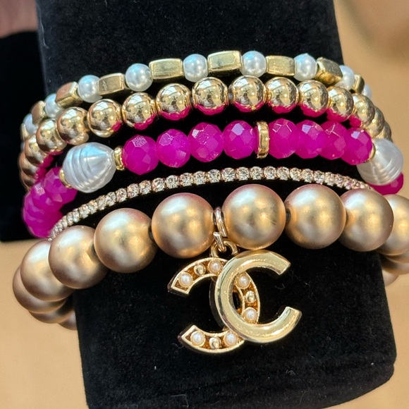 Beaded Bracelet Set (5) w/ CC stamped charm - Picture 1 of 3